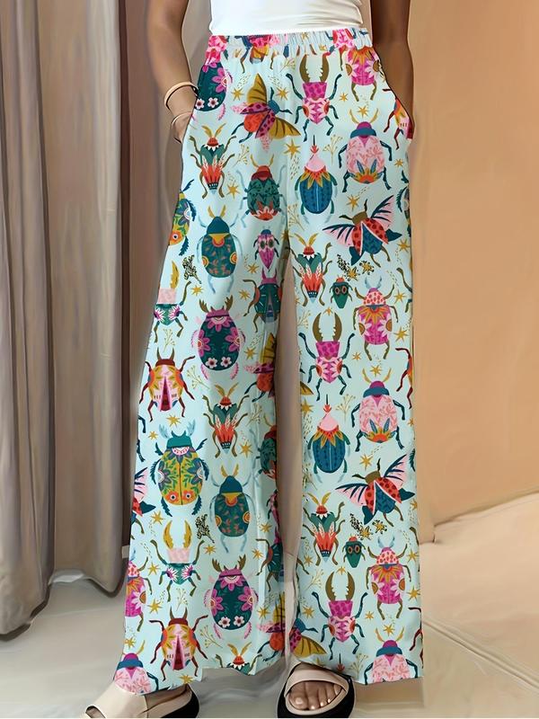  All Over Print Pocket Elastic Waist Wide Leg Pants, Casual Comfy Trousers for Daily Wear, Women's Bottoms for Summer